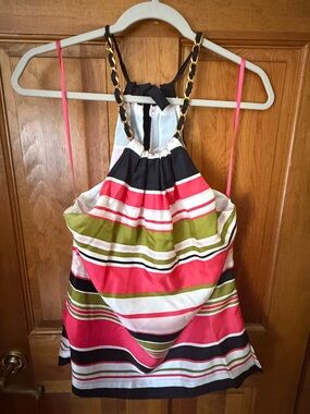 Milly NY Silk Halter Top Gold Chain Strap Striped Size 10 Resort Chic